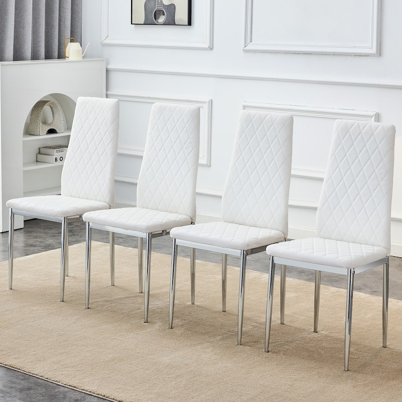 Modern Grid Armless High Backrest Dining Chair with Silver Metal Legs, for Dining Room and Living Room, White, 4-Piece Set - White