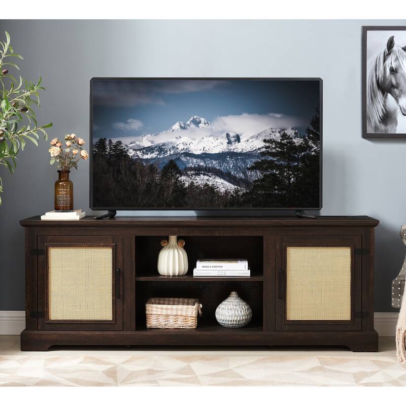 Farmhouse Rattan TV Stand Console Table for TVs up to 70 Inches, TV Console Table with 2 Storage Shelves - Espresso