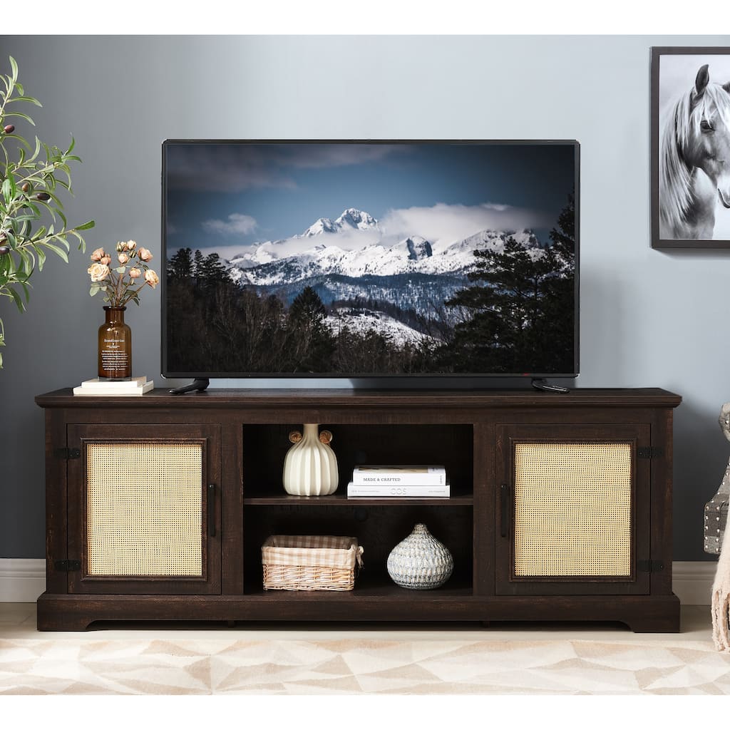 Farmhouse Rattan TV Stand Console Table for TVs up to 70 Inches, TV Console Table with 2 Storage Shelves