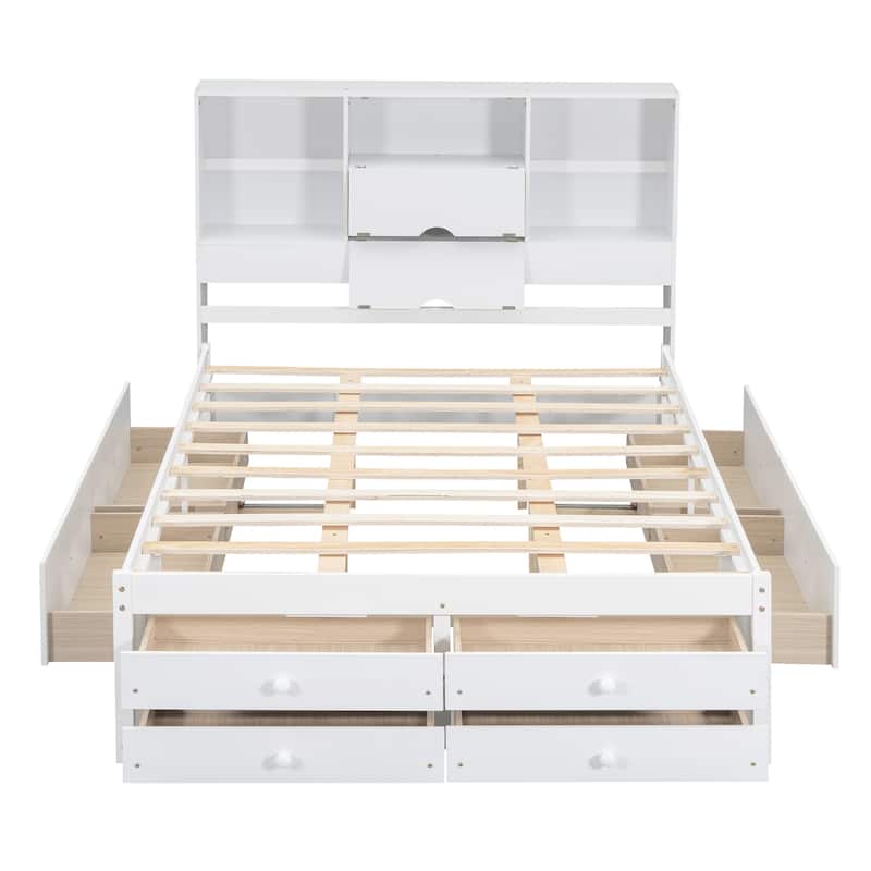 Solid Pinewood Platform Bed Frame with Storage Headboard and 8 Drawers