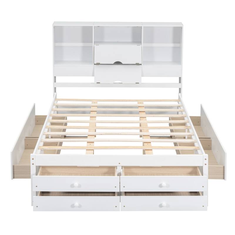 White Queen Size Storage Platform Bed with Headboard and 8 Drawers
