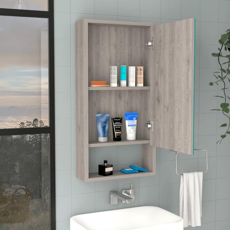 35" Tall Medicine Cabinet with One External Shelf, Two Interior Shelves, Single Door Design, Large Mirror