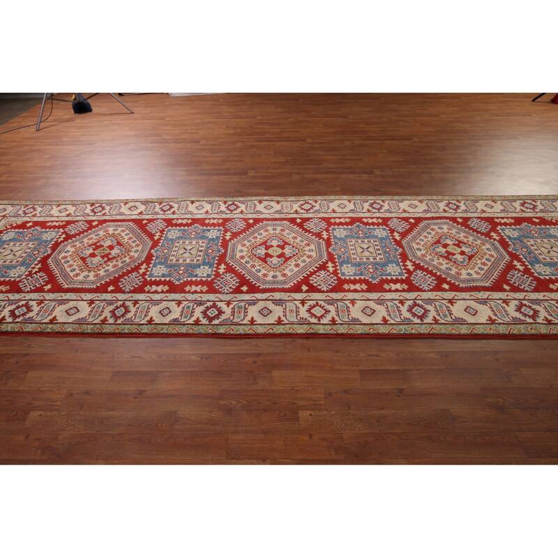 Geometric Red Kazak Runner Rug Hand-Knotted Hallway Wool Carpet - 3'11" x 13'4"