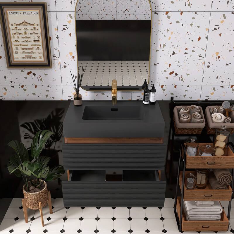 Wall Mounted Bathroom Vanity with Solid Surface Sink and Soft Drawers