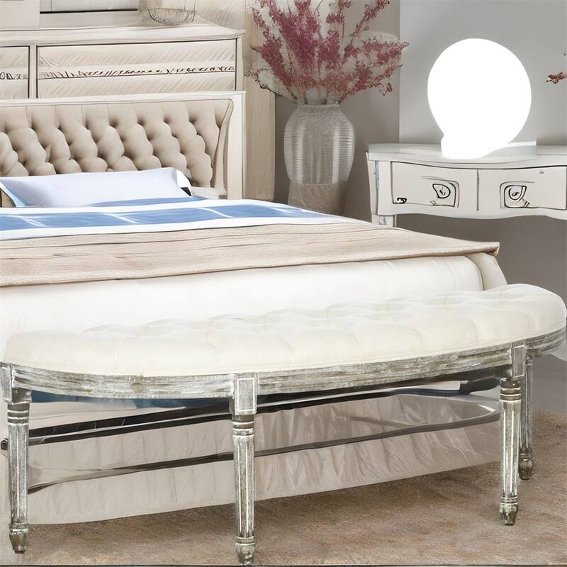 Semi-Circle End of Bed Bench with Tufted Design with Rubberwood Legs