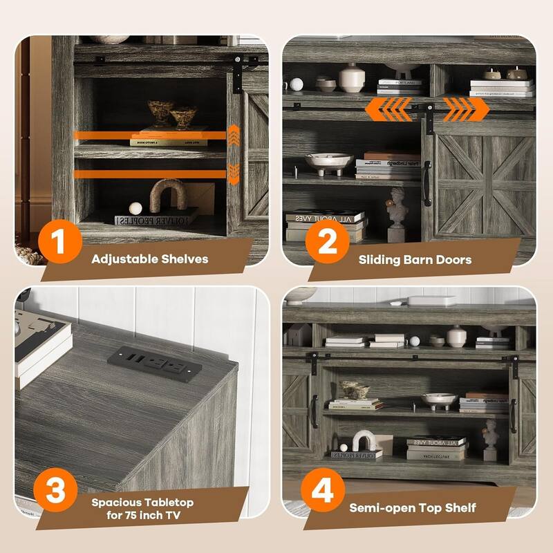 66" Farmhouse TV Stands, Entertainment Center with Open Storage, Power Outlets - N/A