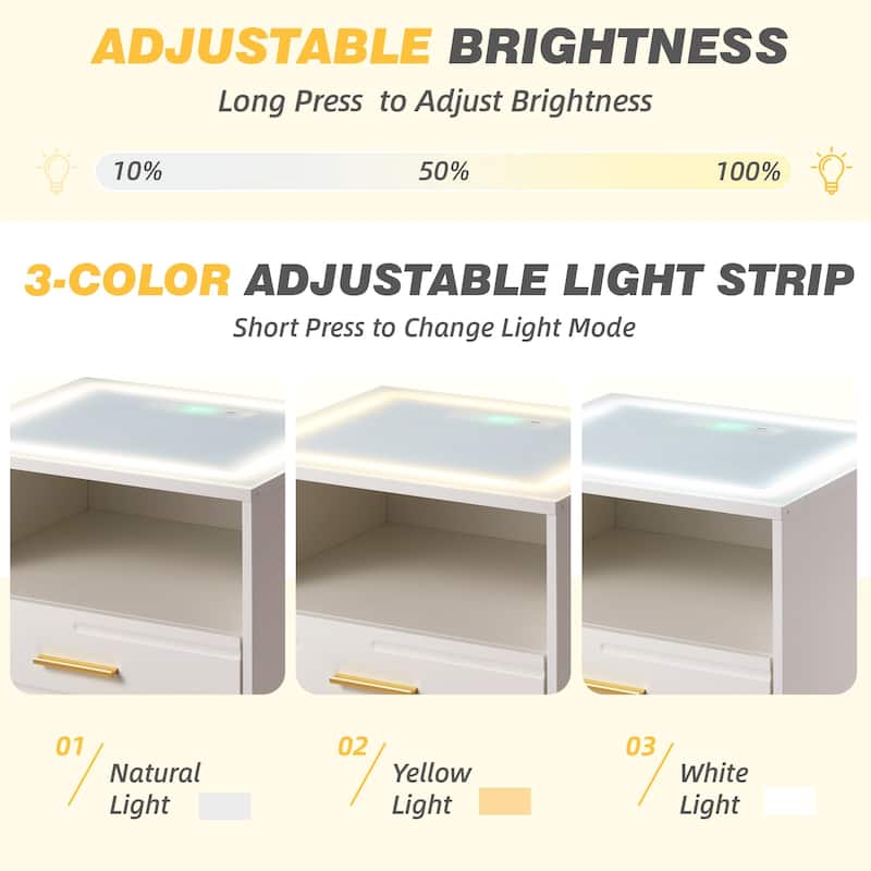 EROMMY Smart Nightstand with Wireless Charging, USB Ports, and Adjustable LED Lighting – Modern Bedside Table with 3 Drawers