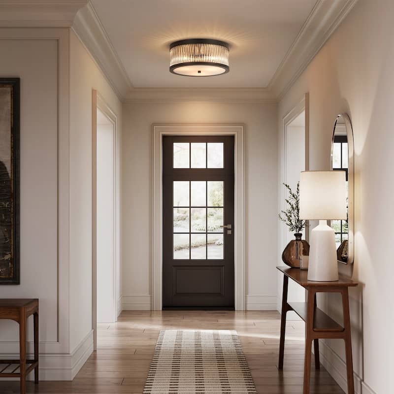 12.20 in. 3-Light Modern Industrial Round Drum Flush Mount Ceiling Light with Clear Glass Rods