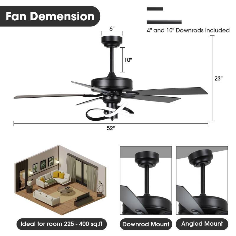 52" Matte Black Modern Ceiling Fan with LED Light and Remote