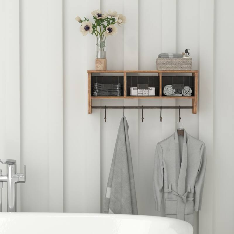 Wall Mounted Storage Rack with Upper Shelf, Wire Baskets, and Hooks