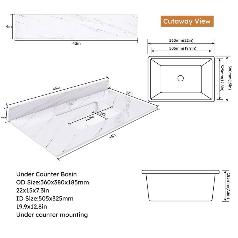 Roomfitters 43 Inch Bianco Carrara Venato Vanity Top with Rectangular Undermount Sink, Sintered Stone Counter, White