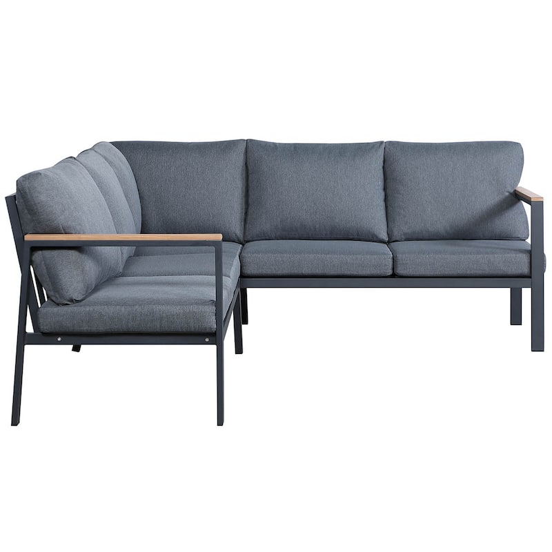 4 Piece Teak Finished Outdoor Sectional Sofa, Matte Charcoal Aluminum Frame
