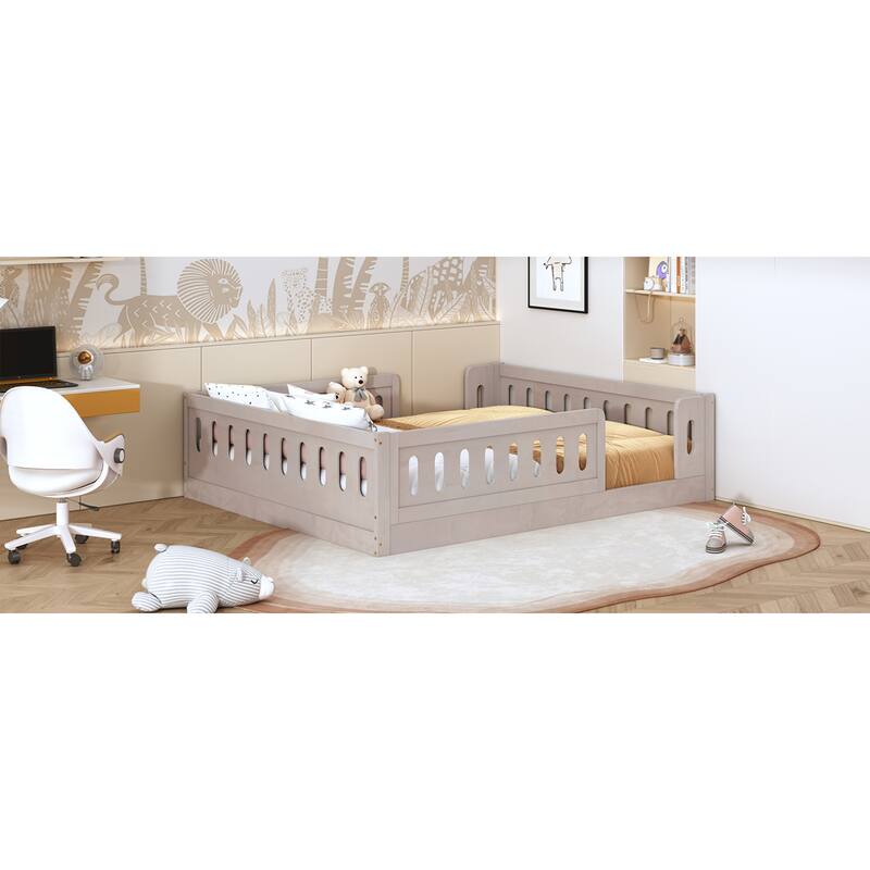 Roomfitters Full Size Wood Platform Bed with Semi-Enclosed Guardrail, Low Profile