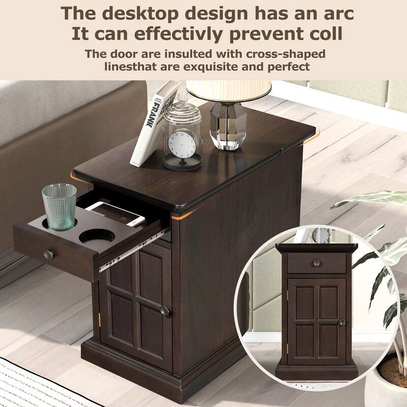 14" Vintage Rectangular Solid Wood End Table with USB Ports and One Multifunctional Drawer