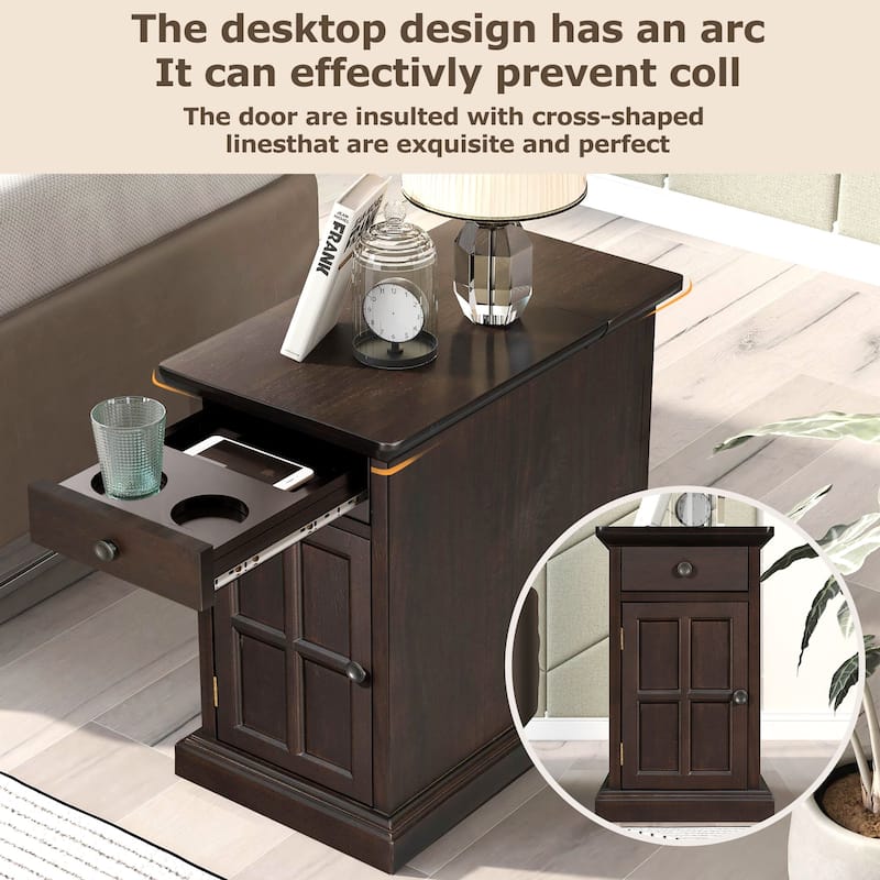Classic Vintage Livingroom End Table, Side Table with USB Ports, and One Multifunctional Drawer with cup holders