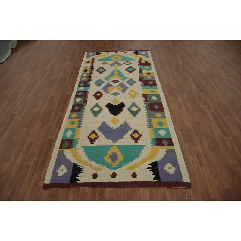 Hand Woven Oriental 100% Wool Carpet Southwestern Tribal Beige & Ivories Kilim Area Rug - 11' 4'' X 4' 9''