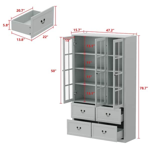 dimension image slide 9 of 10, Modular Glass Doors Display Cabinet Combo Bookcase Home Office Pantry