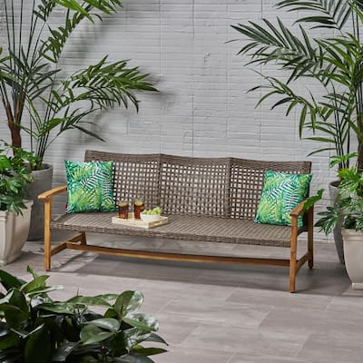 Outdoor 3-Seater Sofa with Acacia Wood Frame & Handwoven Wicker