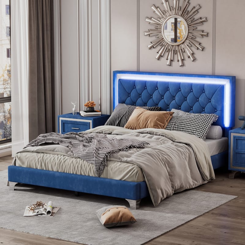 Upholstered Bed Frame with LED Lights,Modern Velvet Platform Bed