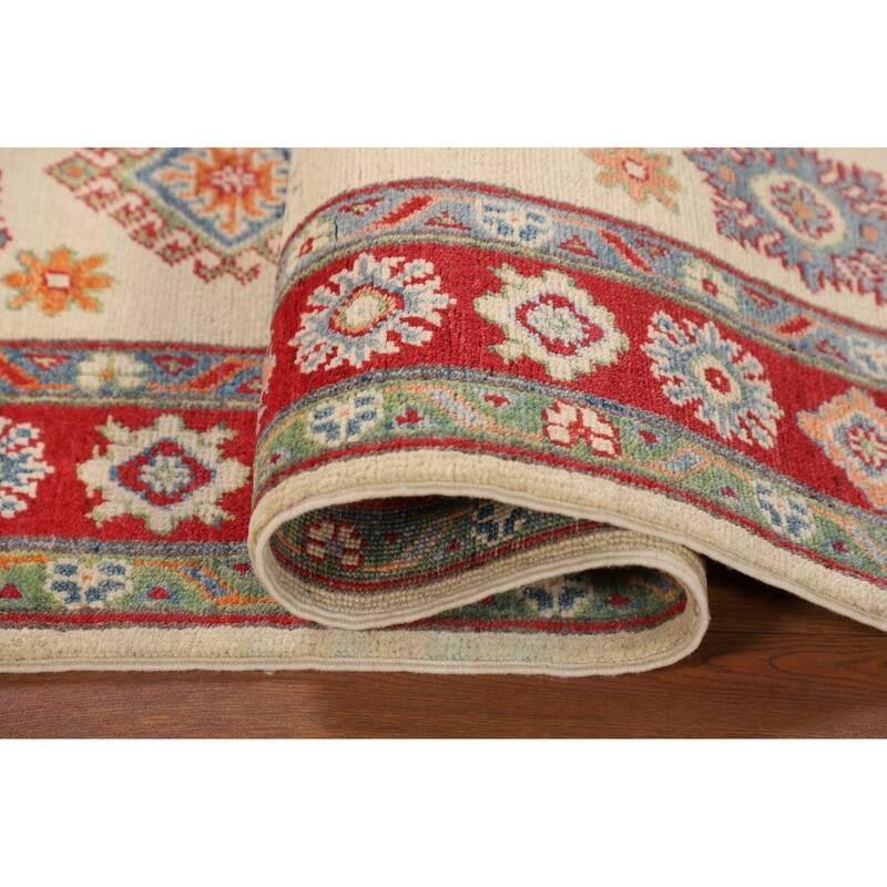 Red Geometric Kazak Area Rug Handmade Oriental Wool Carpet - 4'0" x 6'0"