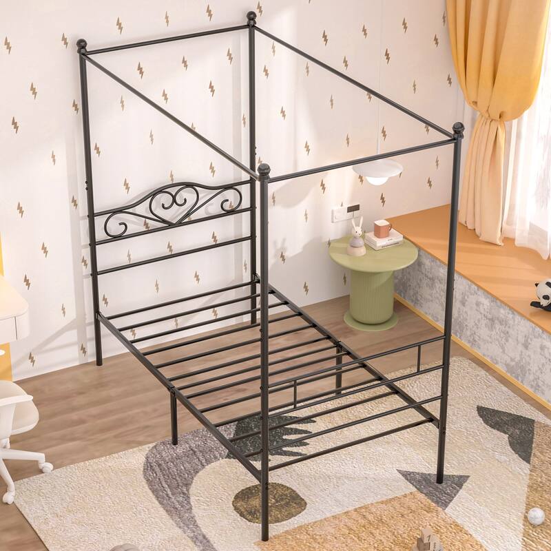 VECELO Twin Canopy Bed Frame with Headboard and Footboard, Metal Four Posters Design, Platform with Steel Slats Support