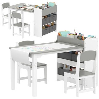 Qaba Kids Desk and Chair Set with Paper Roll, Kids Art Table and Chairs Set with Storage Shelves, Activity Craft Table