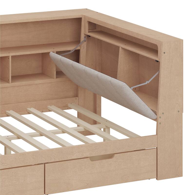 Wood Daybed L-shaped Bookcase Bed with Under-Bed Drawers and Side Bookshelf, Platform Daybed with Desk and Padded Headboard