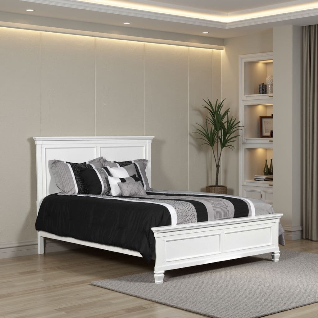 Umi Twin Size Bed, Classic Panel Design with Molded Details, White Wood