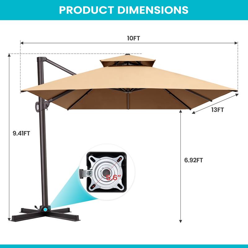 Pellebant Outdoor 10X13 FT Dual Top Patio Offset Umbrella 360 degrees Rotation with No Base