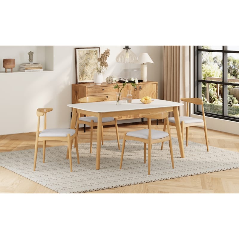 Roomfitters 5-Piece Mid-Century Modern Dining Set with Solid Wood Frame Table and Four Beige Upholstered Chairs