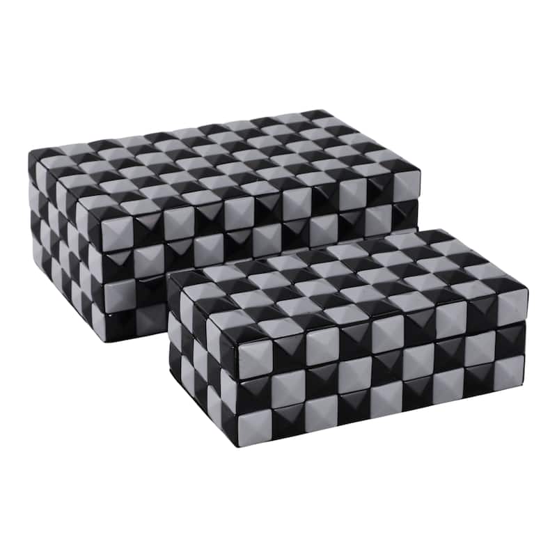 Resin Modern Storage Box Pyramid Checkerboard (Set of 2) - 4/5" Black - 11.75" x 7.75" x 4.5"