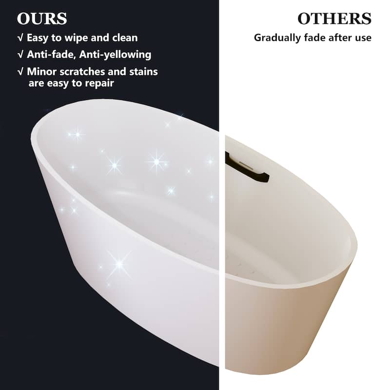 63 in. x 30 in. Solid Surface Stone Resin Freestanding Soaking Bathtub in. White with Tub Grab Bar and Drain Assembly