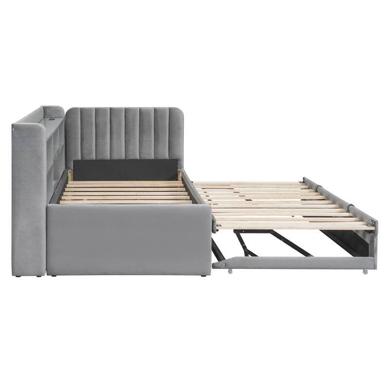 Twin Size 2-in-1 Trundle Daybed with Storage and Charging Station,Built-in Shelves & Flip-Top Compartment