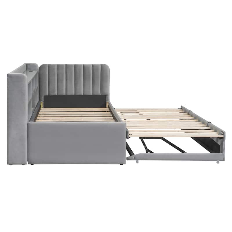 Twin Size Upholstered Daybed with Pop Up Trundle and Storage Shelves & Socket