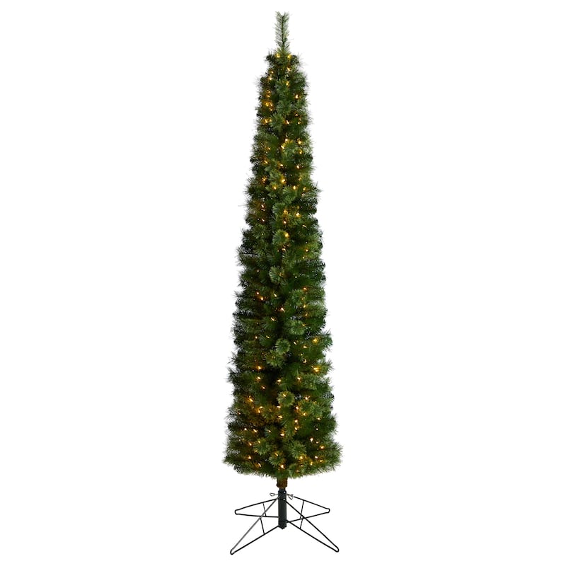 8ft. Green Pencil Artificial Christmas Tree with 200 Clear Multifunction LED Lights & 402 Branches - Sleek Festive X-Mas Tree