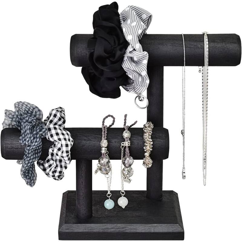 2 Tier Wooden Jewelry Bracelet Watch Display Tower - Small - Black
