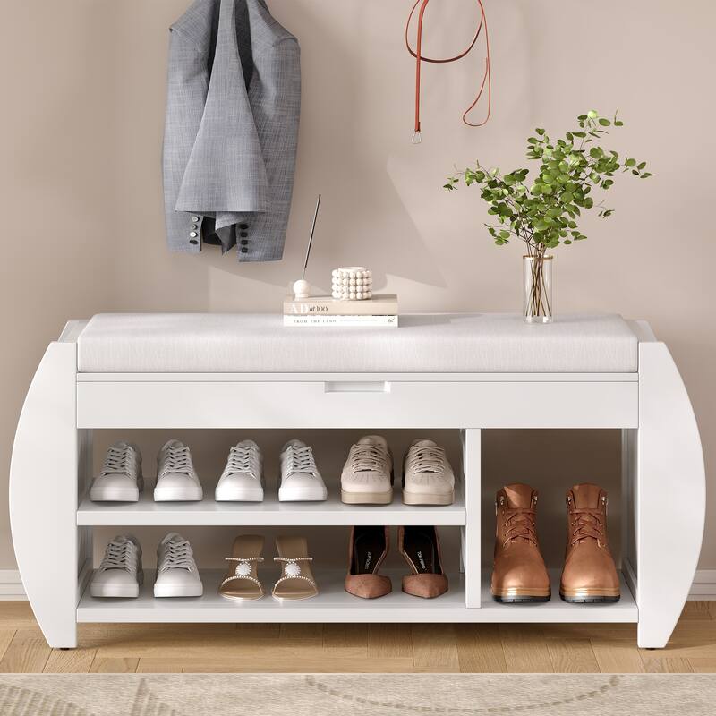Wooden Panel 2-Tier Shoe Bench with Cushion & Curved Side Holder - Antique White