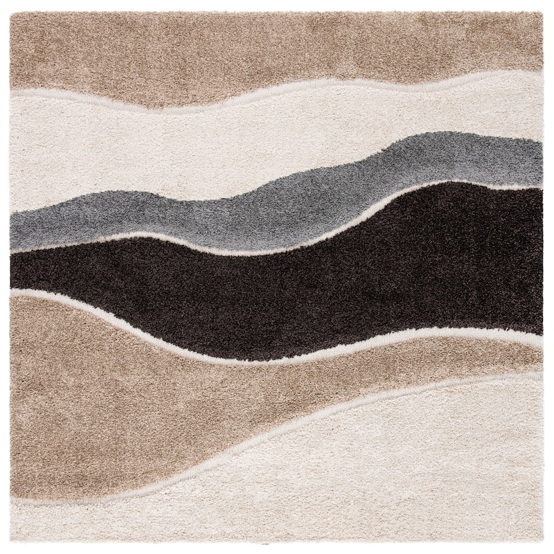 SAFAVIEH Florida Shag Cirilla Abstract Wave 1.2-inch Thick Rug - 6'7" x 6'7" Square - Ivory/Grey