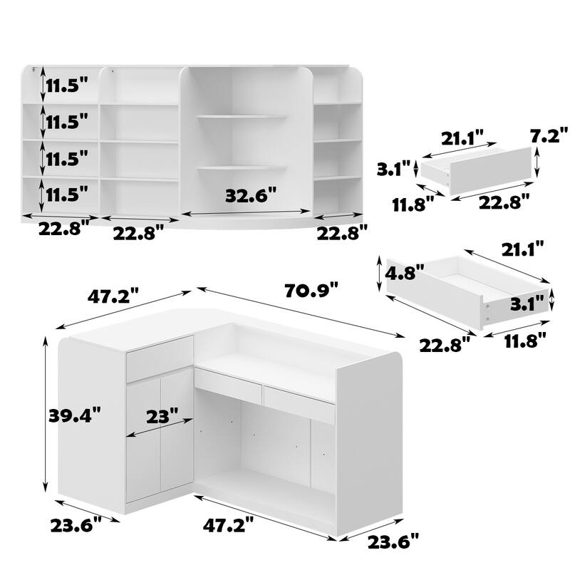 Corner Reception Station Multi-Level Display Shelves Workspaces Table - 70.9"