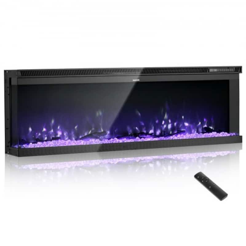 Black Glass Electric Fireplace Three-Sided Glass with Adjustable Flames - 60 Inch