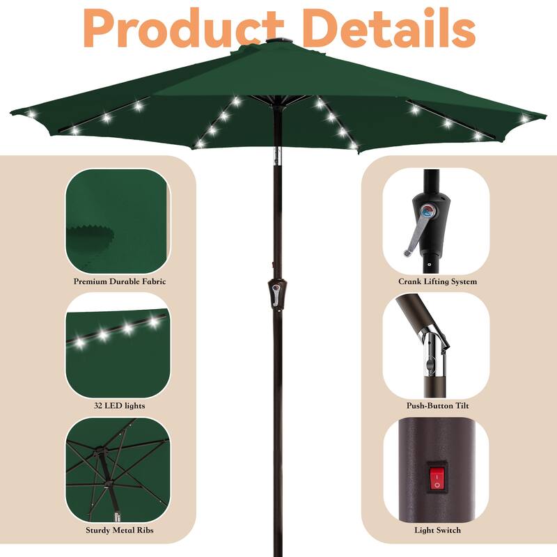 9ft Patio Market Umbrella with LED Lights,Crank & Tilt