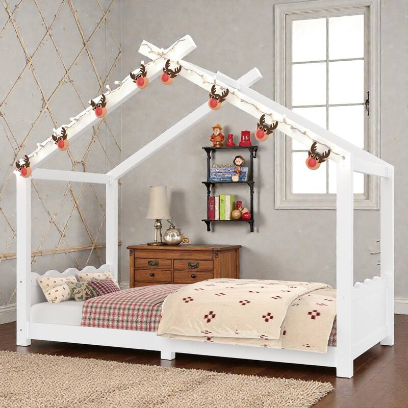 Kids Solid Wood House Floor Bed with Support Slats, Montessori Low Profile Bed, No Box Spring Needed