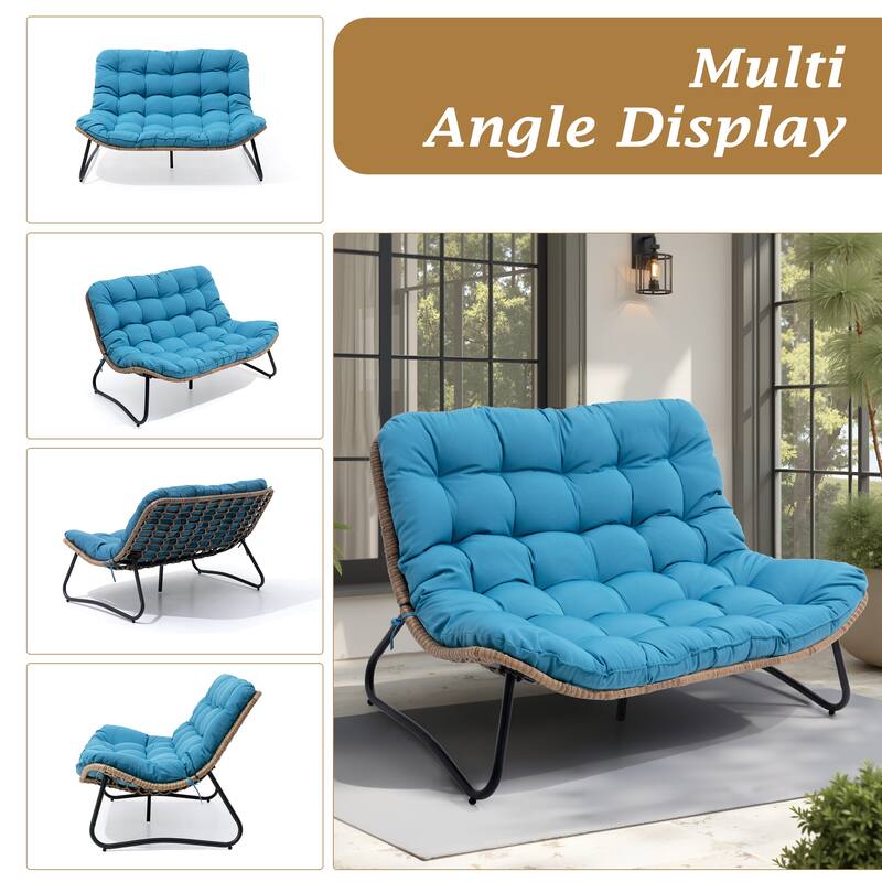 All-Weather PE Rattan Double Papasan Chair Loveseat with Soft Cushion for Indoor Outdoor