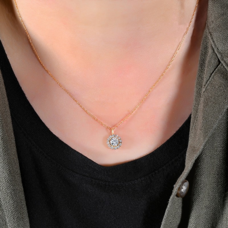 1 Ct Halo Diamond Pendant Yellow Gold 18" Chain Necklace