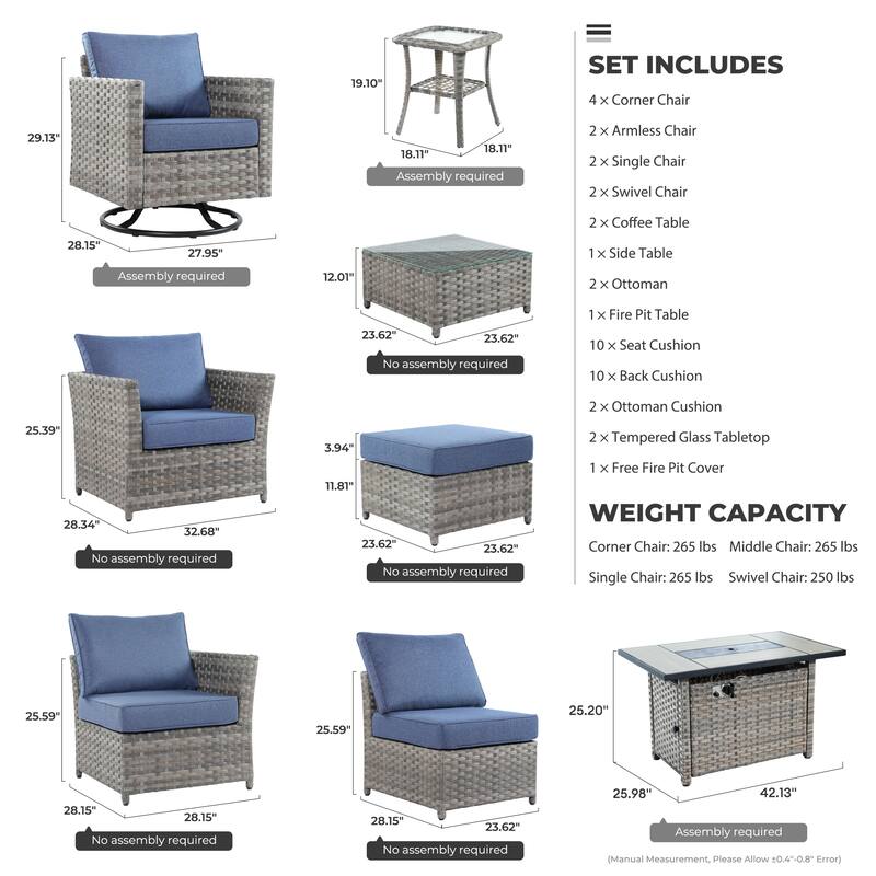 HOOOWOOO 16-piece Grey Rattan Outdoor Furniture Sectional Sofa Set Fire Pit Set with Swivel Chairs