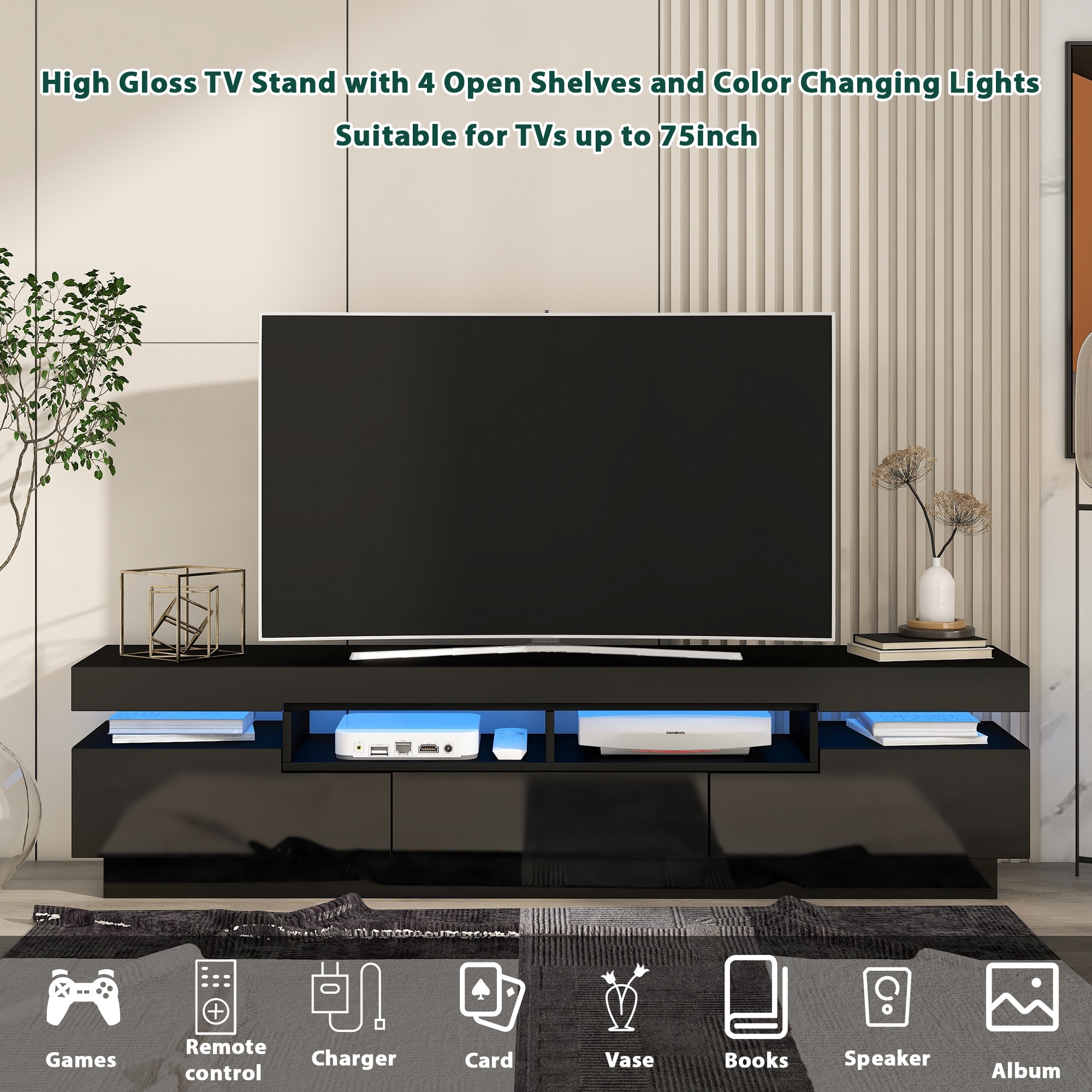 TV Stand with 4 Open Shelves Hidden Storage Cabinets and 16