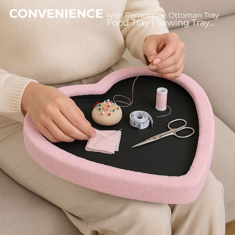 Pink Heart Soft Teddy Boucle Storage Ottoman Foot Stool with Tray Lid