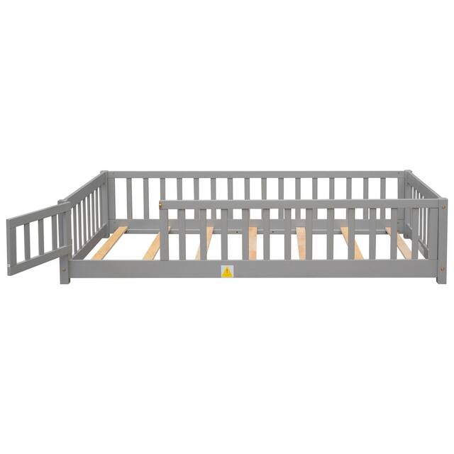 Twin/Full/Queen size Floor Platform Bed with Fence and Door for Kids, Toddlers