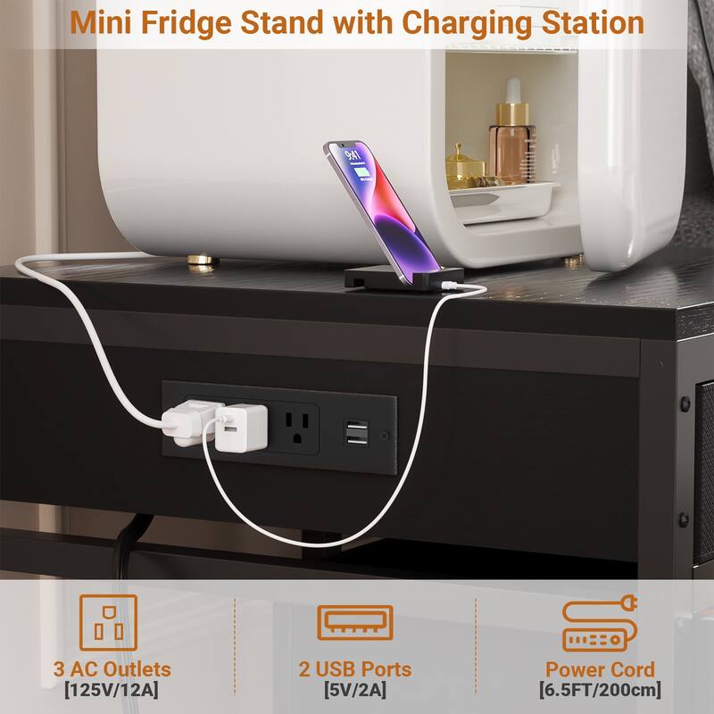 Mini Fridge Stand with Charge Station, Side/ End Table with Storage Drawers and Rolling Cabinet