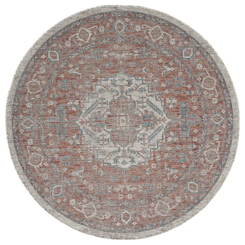 ARE01 Arelow Machine Made Flatweave Indoor - Outdoor Area Rug - 7'10" x 7'10" - Grey/Paprika/Teal